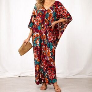 Natori Boho Floral Caftan Maxi Lounge Dress Resort Vacation Batwing M